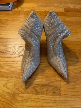 SCHUTZ Taupe Crystal-Embellished Pointed Toe Booties